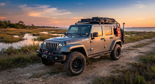 Rugged SUV by the bay at sunset